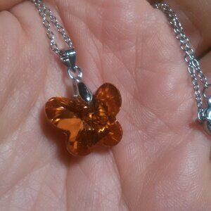 Orange Color Austrian Crystal Butterfly Brass Pendant Stainless Steel Necklace